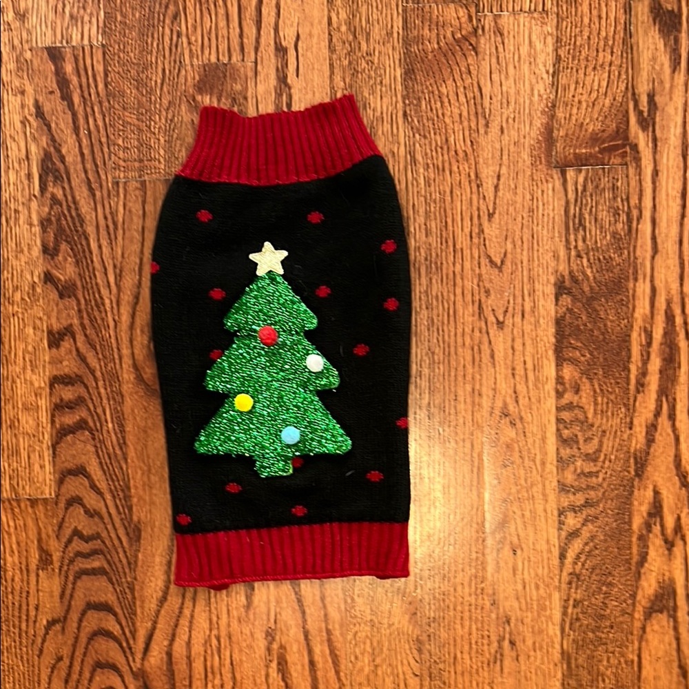 Festive Black and Red Dog Sweater with Christmas Tree Design